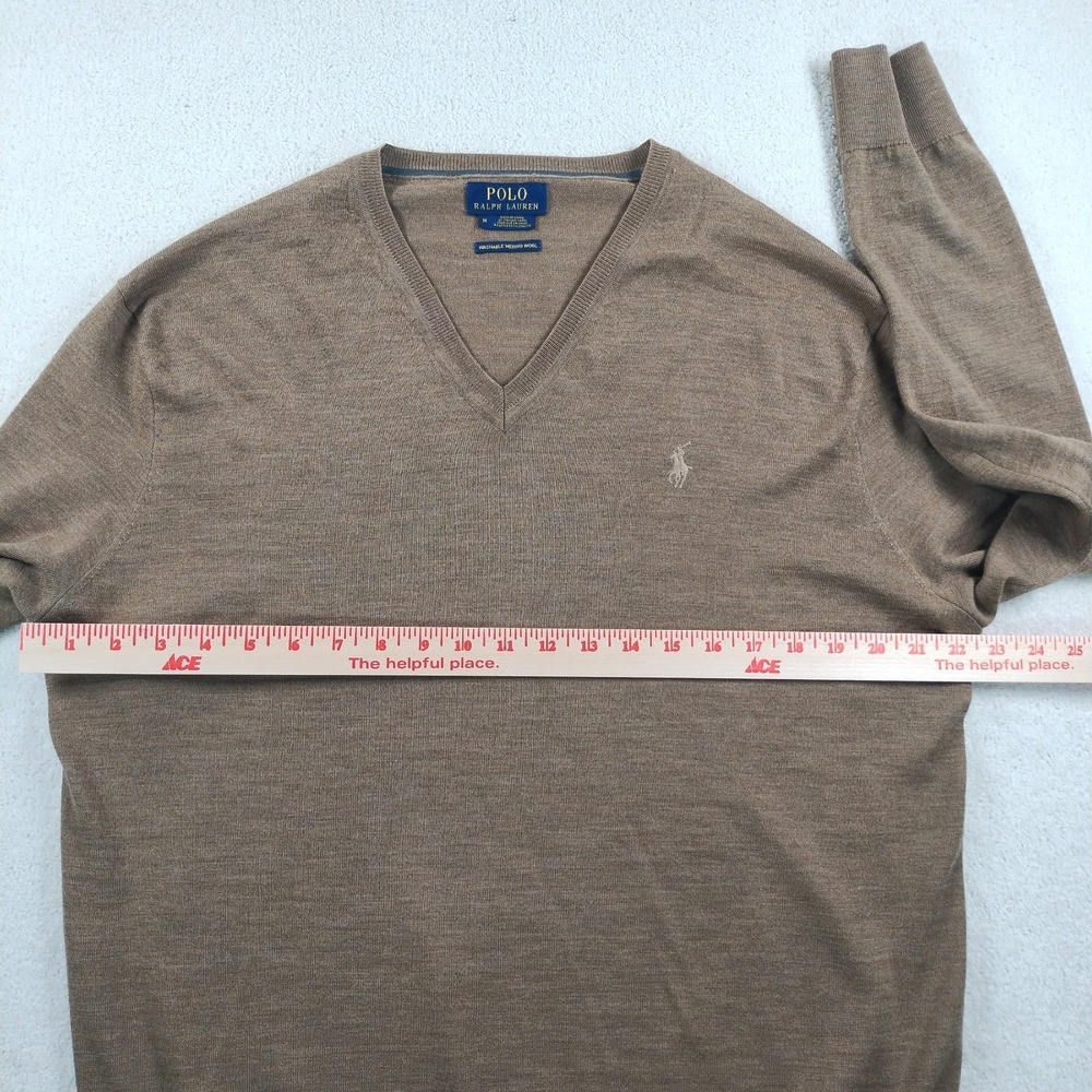 POLO Ralph Lauren Sweater Men's Med Brown Washable Merino Wool V-Neck Liteweight - Picture 10 of 13